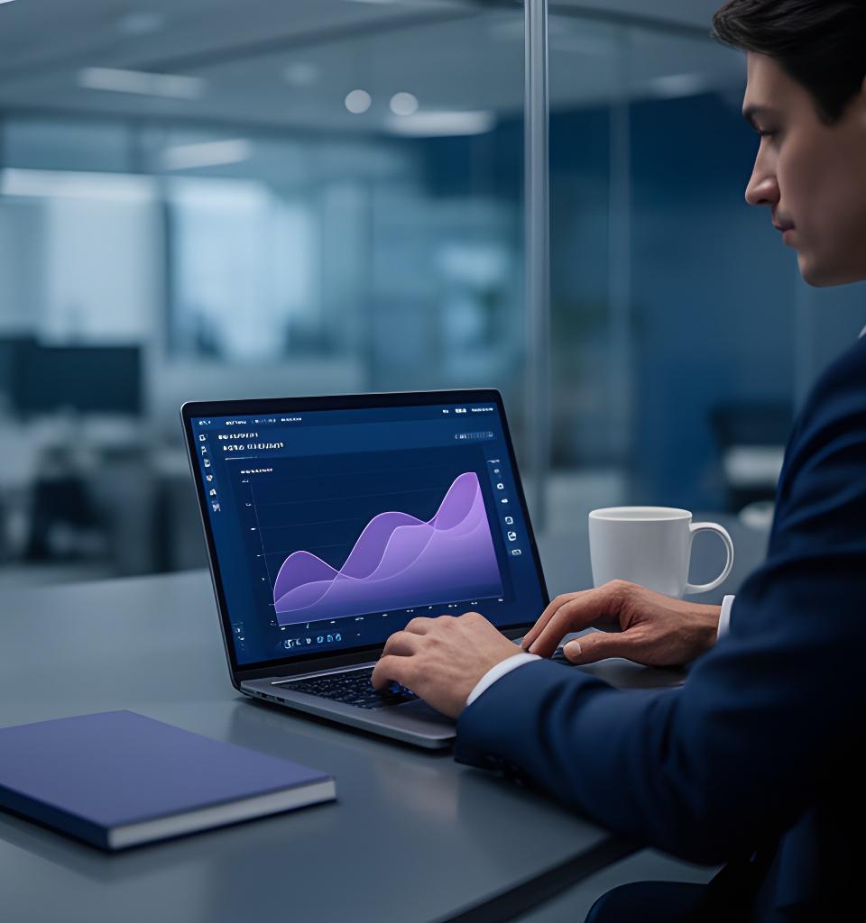 Analyst reviewing a predictive dashboard in a modern office