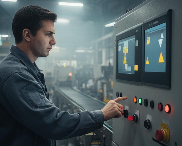 Manufacturing engineer inspecting equipment monitoring panels
